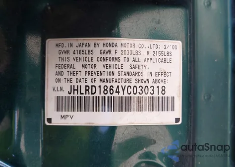 2000 Honda Cr-V Ex from USA, damaged, VIN JHLRD1864YC030318